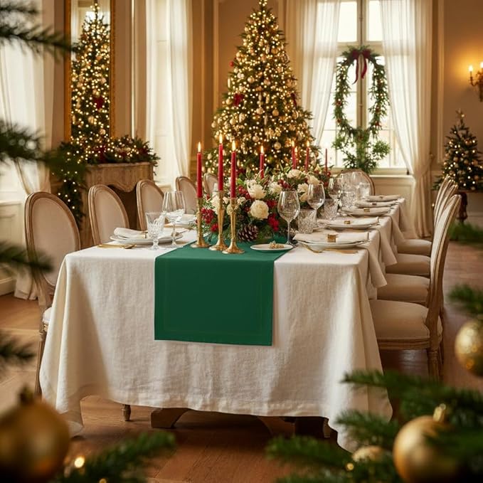 D'Moksha Homes Linen Forest Green Table Runner 90 Inches Long - 100% Pure Linen 14 x 90 Inch Table Runner for Dining, St Patricks Day, Easter - Machine Washable