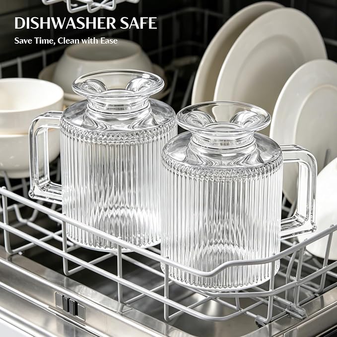 INSETLAN 6-Piece Ribbed Glass Coffee Mug Set, 10 oz Clear Glass Tea Cups - Image 5