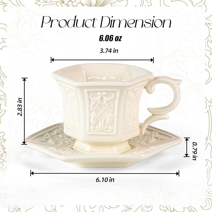 KAMMAK Tea Cups and Saucers Set of 2, 6 oz Porcelain Coffee Cups, SY003 | - Image 2