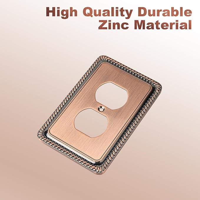 Henne Bery Rope Edge Decorative Wall Plate Switch Plate Outlet Cover (Single Duplex, 3 Pack, Antique Copper)