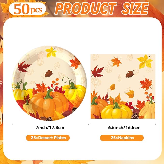 50PCS Fall Paper Plates and Napkins, 7inch Thanksgiving Party Decorations | - Image 2