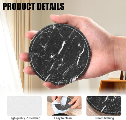 Coasters for Drinks PU Leather,Set of 6 with Holder,Round Housewarming Gift Home Decor,Black and White Marble