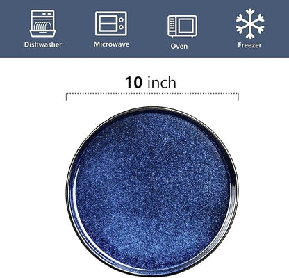 vicrays Ceramic Dinner Plates Set - Porcelain 10 Inch Flat Steak Pasta Pizza Plate Home Party Restaurant Plate Scratch Resistant Microwave Oven and Dishwasher Safe Set of 6 Blue
