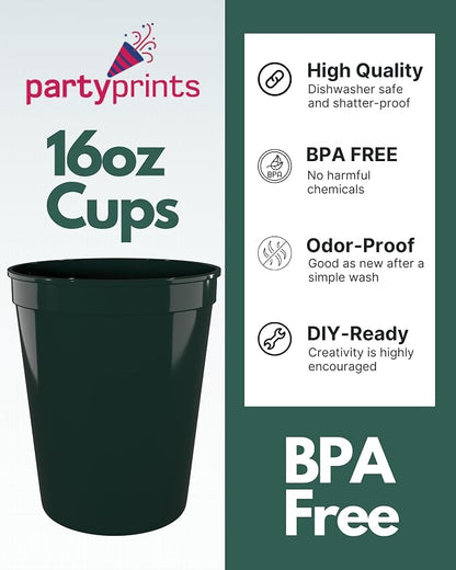PartyPrints 10 Pack 16 oz Dark Green Reusable Blank Plastic Cups, Stadium Cups - Image 2