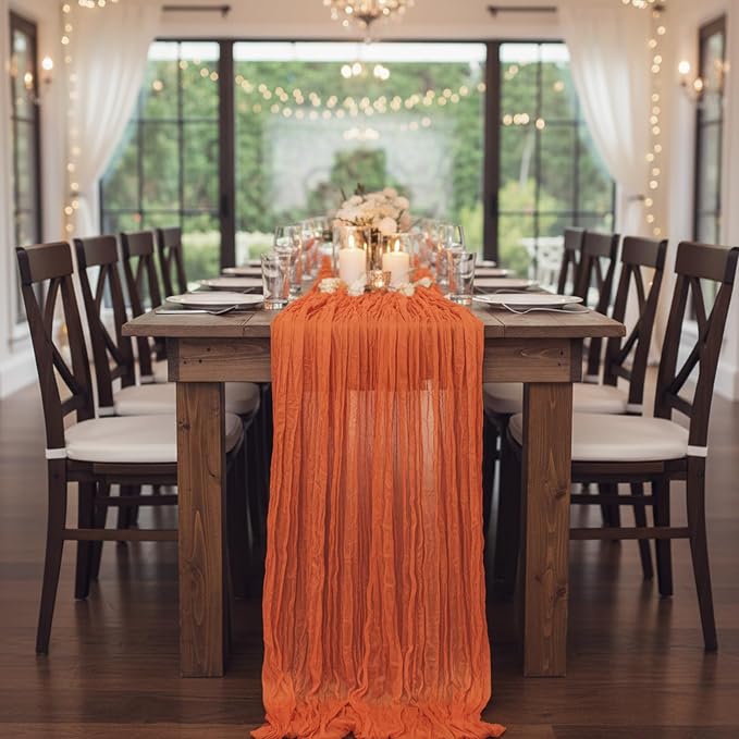 3 Pack Orange Cheesecloth Table Runner 120 Inch Boho Wedding Decor | - Image 5
