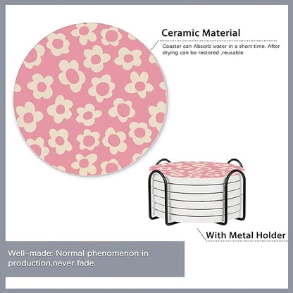 Drink Coasters Set of 6 with Holder,Vintage Flowers,Floral Pink Blue Green Purple Absorbent Ceramic Coasters with Cork Base,Fit All Cups,Tabletop Protection Mat for Mugs and Cups,Office,Kitchen