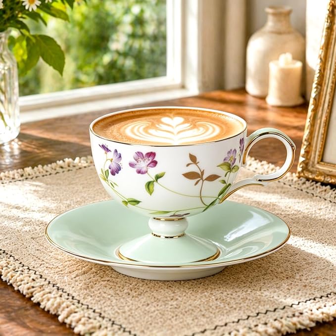 KAMMAK Tea Cups Set of 2, Ceramic Floral Pattern Demitasse Cup | Porcelain - Image 6