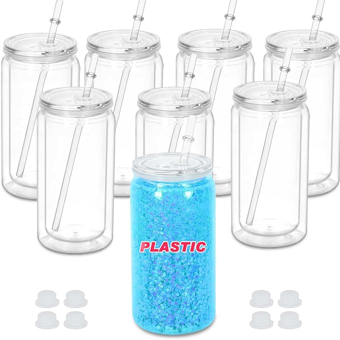 16 Oz Plastic Snowglobe Tumbler, 8 Pack Pre-Drilled Double Wall Plastic Clear by Maucircol