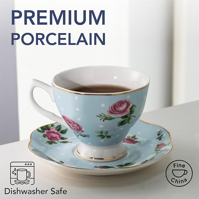 BTaT- Floral Tea Cups and Saucers, 8 oz, Fine Porcelain Teacup Set - Image 5