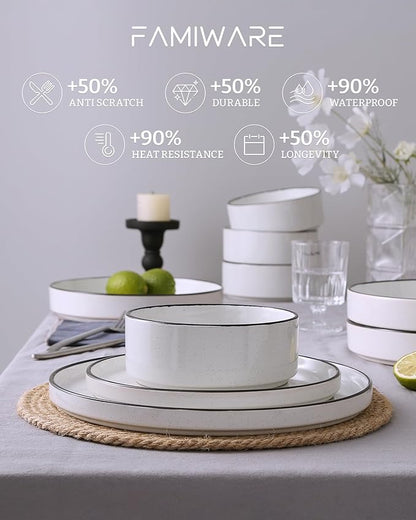 Famiware Nebula Plates and Bowls Sets for 4, 12 Pieces Stoneware Dinnerware Set, Microwave and Dishwasher Safe Dishes Set, White with Black Rim