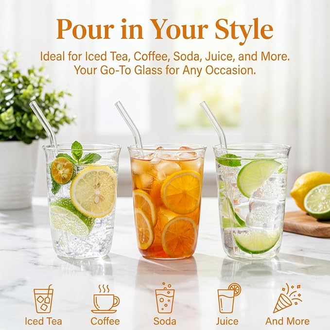 6 Pieces Drinking Glasses with Straw, 16 Oz Clear Water Glass Set | Lead-free - Image 3
