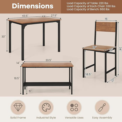 NAFORT Dining Table Set for 4 with Bench, Industrial Kitchen Table and Chairs, Rustic Brown Wood & Black Metal 4-Piece Dining Room Set for Apartment, Small Space, Kitchen, Restaurant