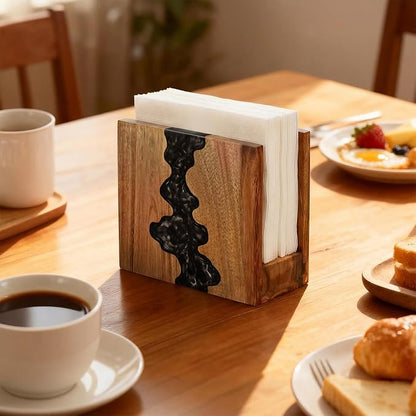 Artistic Napkin Holder, Acacia Wood and Blue Epoxy Resin - Image 2
