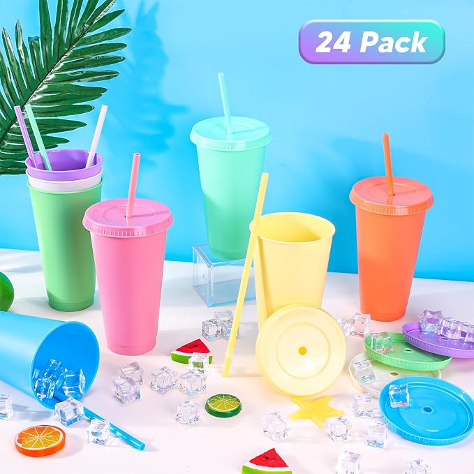 24 Pack Plastic Tumblers with Lids and Straws, Reusable Cups with Lids Plastic - Image 2