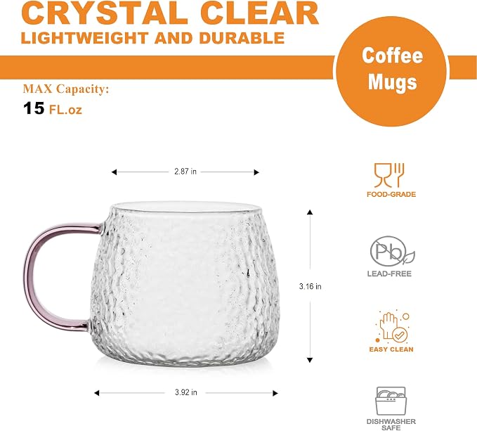 LUXU Hammered Tea Cups, Glass Coffee Mugs, 15 oz, Prefect - Image 7