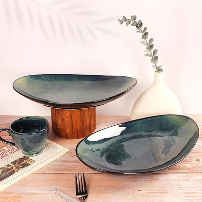 Ceramic Serving Platters Set of 2, 16 Inch Curved Oval Salad Plates for Entertaining, Modern Kitchen Dishes, Trays for Dinner, Fruit, Salad, Pasta, burgers - Dishwasher Microwave Safe