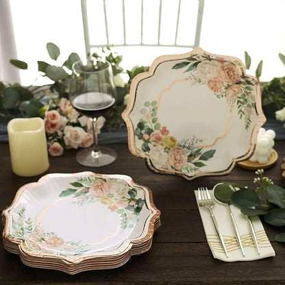 50 Pack 10" White/Rose Gold Floral Print Scallop Rim Dinner Plates, Disposable Round Paper Party Plates 300 GSM for Festive Table Decoration
