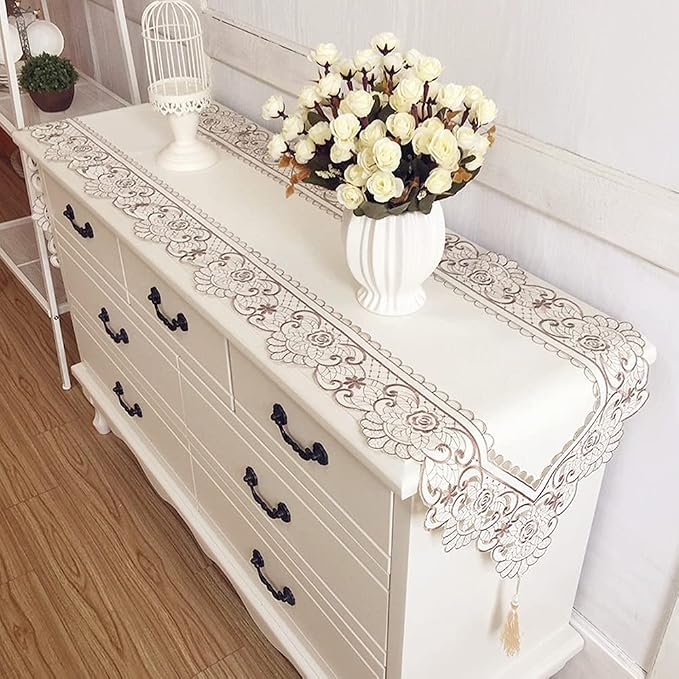 Arzoe Embroidered Lace Table Runner Elegant Vintage Mantel Scarf Dresser - Image 2