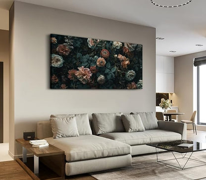ADJUVANT Wall Art Floral 48"L x 24"W, Dark Hued Vintage Flowers With Lush Foliage Canvas Painting Elegant Blooms Artwork Retro Garden Prints Floral Wall Decor for Living Room Bedroom Study Home Office