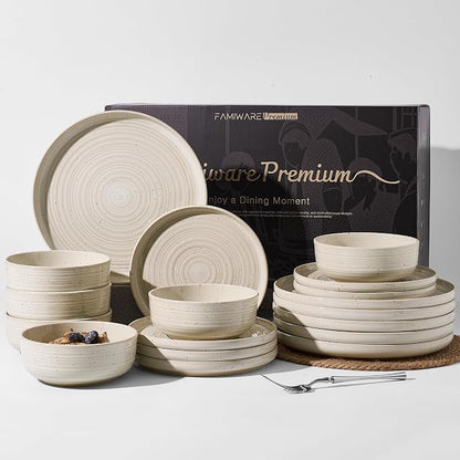 Stoneware Dinnerware Sets for 6, Reactive Glaze Plates & Bowls, Shell Beige | by FamiwarePremium