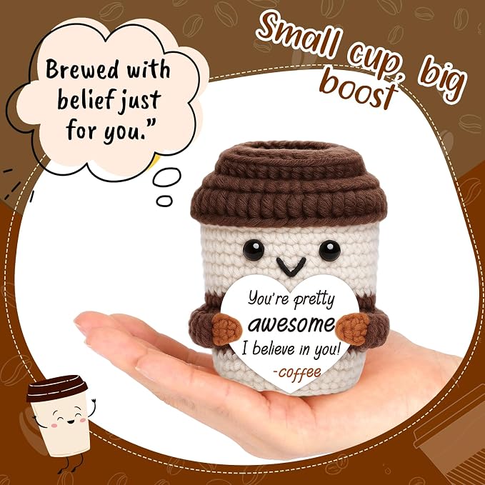 Mini Office Gift for Women Men, Thank You Gifts Positive Crochet Coffee Cup | - Image 2