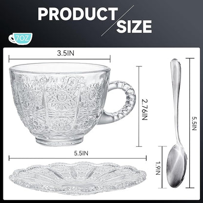 Glass Teacups and Saucers Set of 6, Vintage Coffee Mugs - Image 2