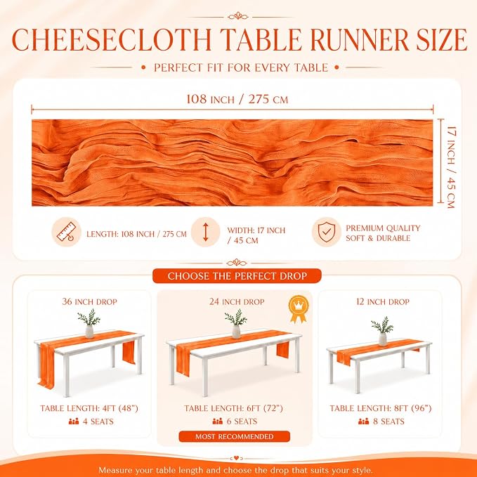 12 Pack Orange Cheesecloth Table Runner 17x108 Inch Boho Rustic Semi Sheer - Image 3