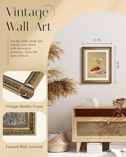 InSimSea Gold Framed Wall Art, Kitchen Dining Room Vintage Cocktail Martini Croissant Wall Shelf Decor, Still Life Canvas Print Art, Home Bar Decor, Antique Paintings with Picture Frame 13x16inch
