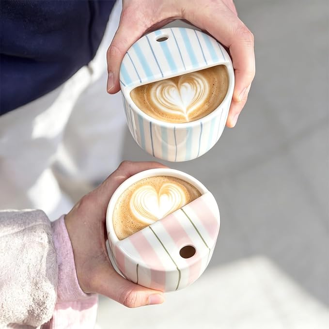 2 Pack Ceramic Mug with Sip Hole 10 oz Stripes Pattern Espresso Cup Coffee Mug - Image 7