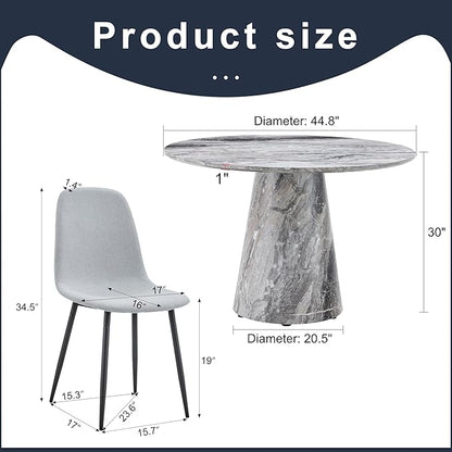 Round Dining Table Set for 6, 45" Modern Faux Marble Kitchen Table and Upholstered Chairs, 7 Piece Circle Dinner Set for Dining Room, Kitchen (Marble Gray Set)