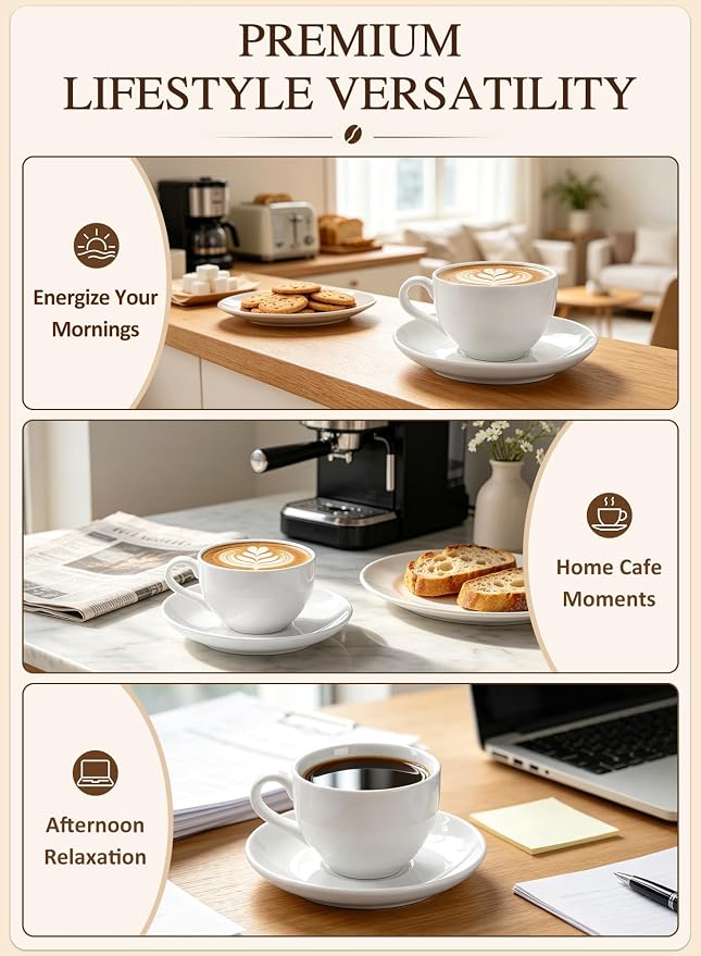 Porcelain Coffee Cups Set with Saucer, 6 Ounce, - Image 3