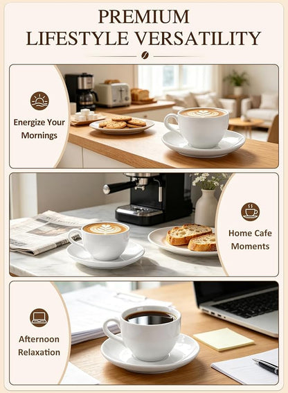 Porcelain Coffee Cups Set with Saucer, 6 Ounce, - Image 3