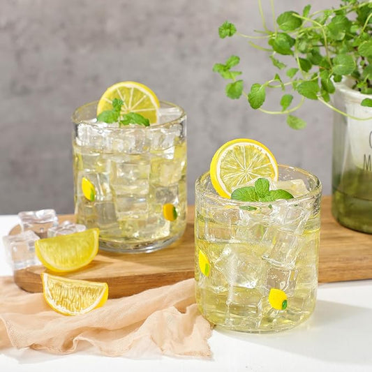 Icon Juice Glasses, 14oz Stemless Wine Drinking Juice Glass Cup for Valentine Party Supplies Gift(2 Pcs,Lemon)