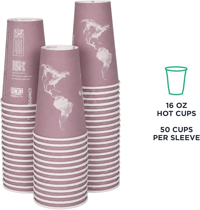 ECO PRODUCTS Compostable Disposable World Art 16oz Large Coffee Cups, Renewable - Image 2