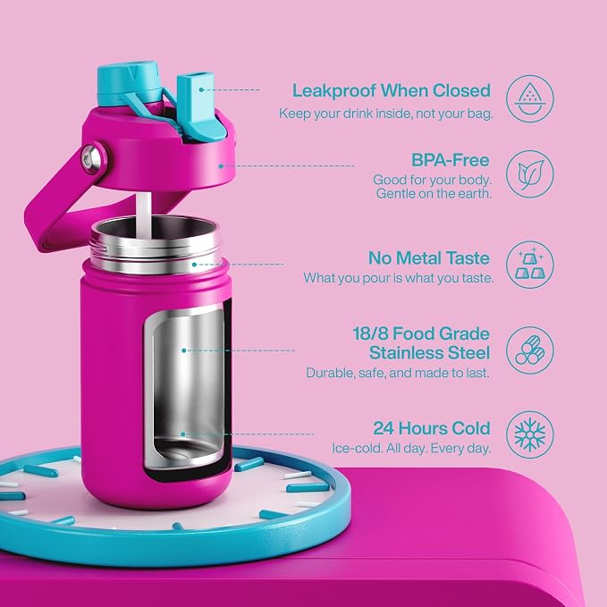 Kids Insulated Water Bottle - 12oz Stainless Steel Water Bottle with Dual Spouts - Image 6