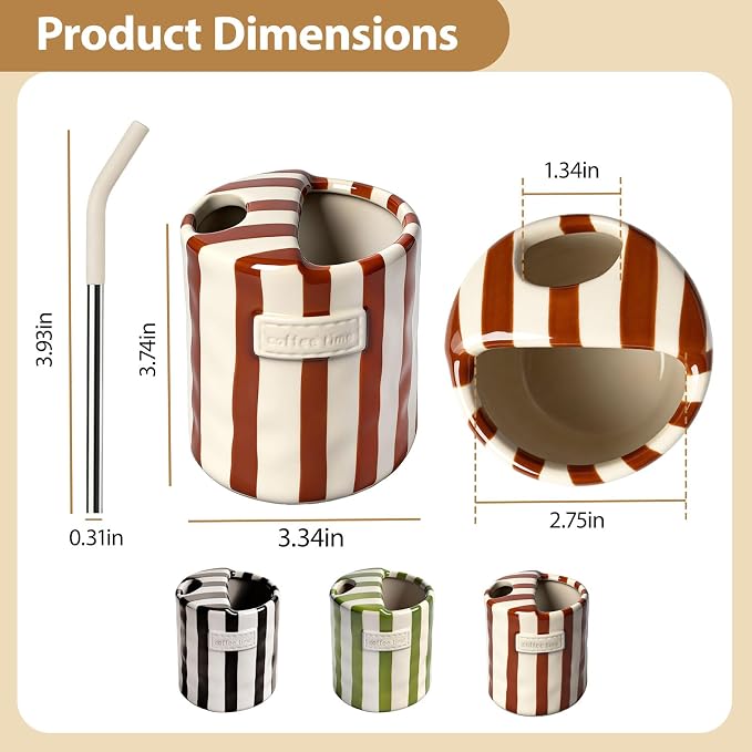 Ceramic Coffee Mug with Sip Hole, 10oz Retro Striped Coffee Cups, Cute Ceramic - Image 5