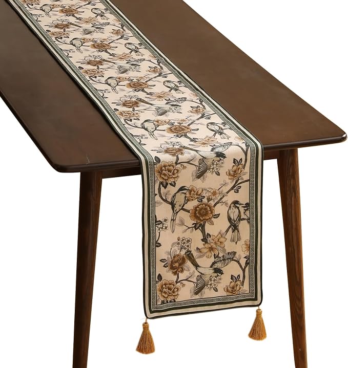 Designer French Linen Table Runner, Floral and Bird Pattern, Dining Table by Isaennehomedecoration