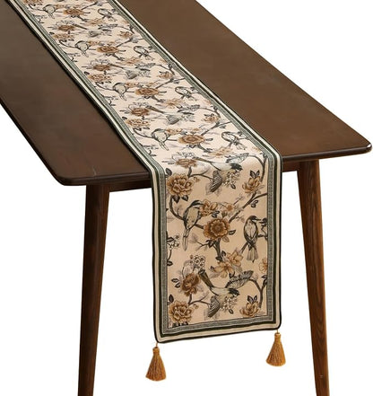 Designer French Linen Long Table Runner, Floral and Bird Pattern, Dining Table by Isaennehomedecoration