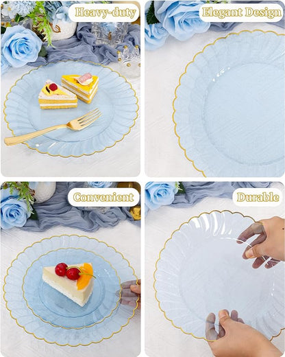 YOUBET 175PCS Clear Blue Scalloped Plastic Plates - Blue and Gold Disposable Dinnerware Set Include 50 Plates, 75 Gold Silverware, 25 Cups, 25 Napkins for Party & Wedding & Baby Shower