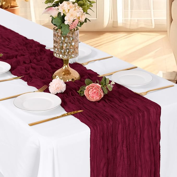 3 Pack Burgundy Cheesecloth Table Runner, 17 x 108 Inch, Gauze Cheese Cloth - Image 3