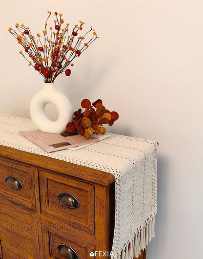 Boho Table Runner with Tassels White - Image 8
