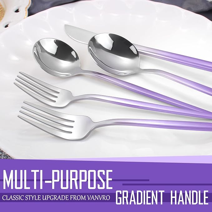 VANVRO Gradient Purple Silverware Set, 20-Piece Stainless Steel Flatware - Image 3