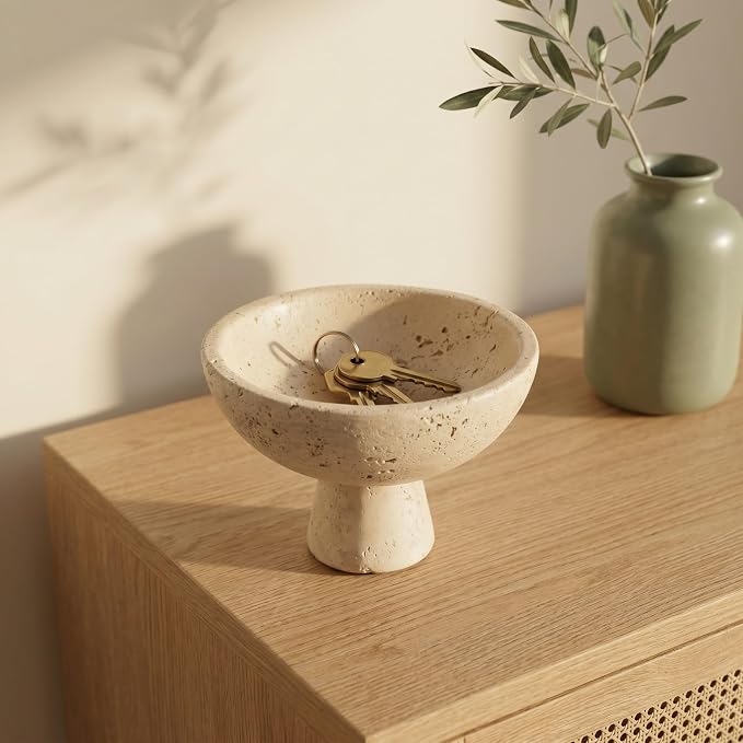 Travertine Style Concrete Pedestal Bowl Wabi-Sabi Organizer | Small 5.5" - Image 2