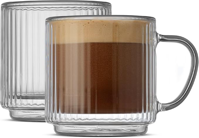 JoyJolt Haven Stackable Fluted Glass Mugs Set of 2, 5.5oz Ribbed Double Wall by JoyJolt