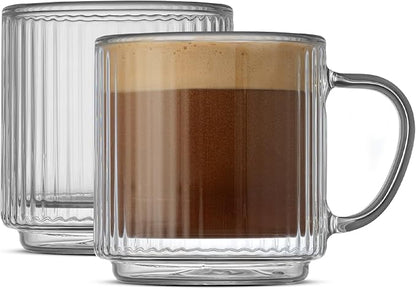 JoyJolt Haven Stackable Fluted Glass Mugs Set of 2, 5.5oz Ribbed Double Wall by JoyJolt