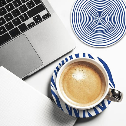 Blue White Geometric Ceramic Coasters with Holder Set of 6, Abstract Dahlia Modern Art Absorbent Drink Cup Mat for Coffee Table Protection, 4'' Minimalist Home Kitchen Decor Housewarming Gifts