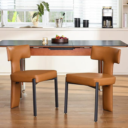 Brown Dining Chairs Set of 2,Faux Leather Dining Chairs with Soft Cushion,Comfortable Upholstered Armless Dining Room Chairs with Curved Plywood Back