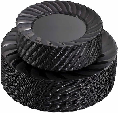 U-QE 100PCS Black Plastic Plates, Heavy Duty Black Disposable Plates Including 50PCS 9inch Dinner Plates & 50PCS 6.5inch Dessert Plates -Hard Plastic Plates for Party Wedding Bridal Shower