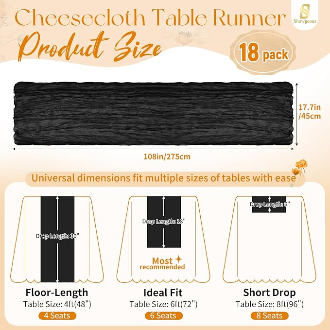 Showgeous 18 Pack Black Cheesecloth Table Runner, 17 x 108 Inches | Boho - Image 2