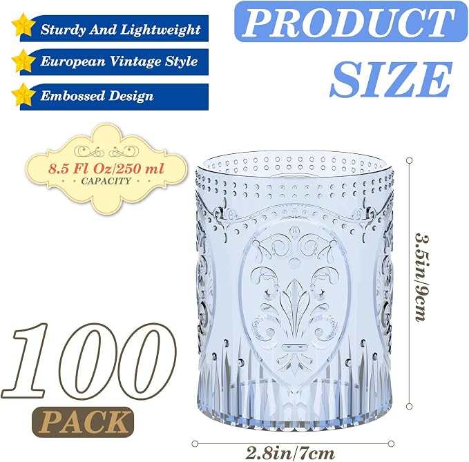 Qinyoung 100 Plastic Vintage Drinking Glasses 8.5oz Stemless Retro Embossed - Image 2